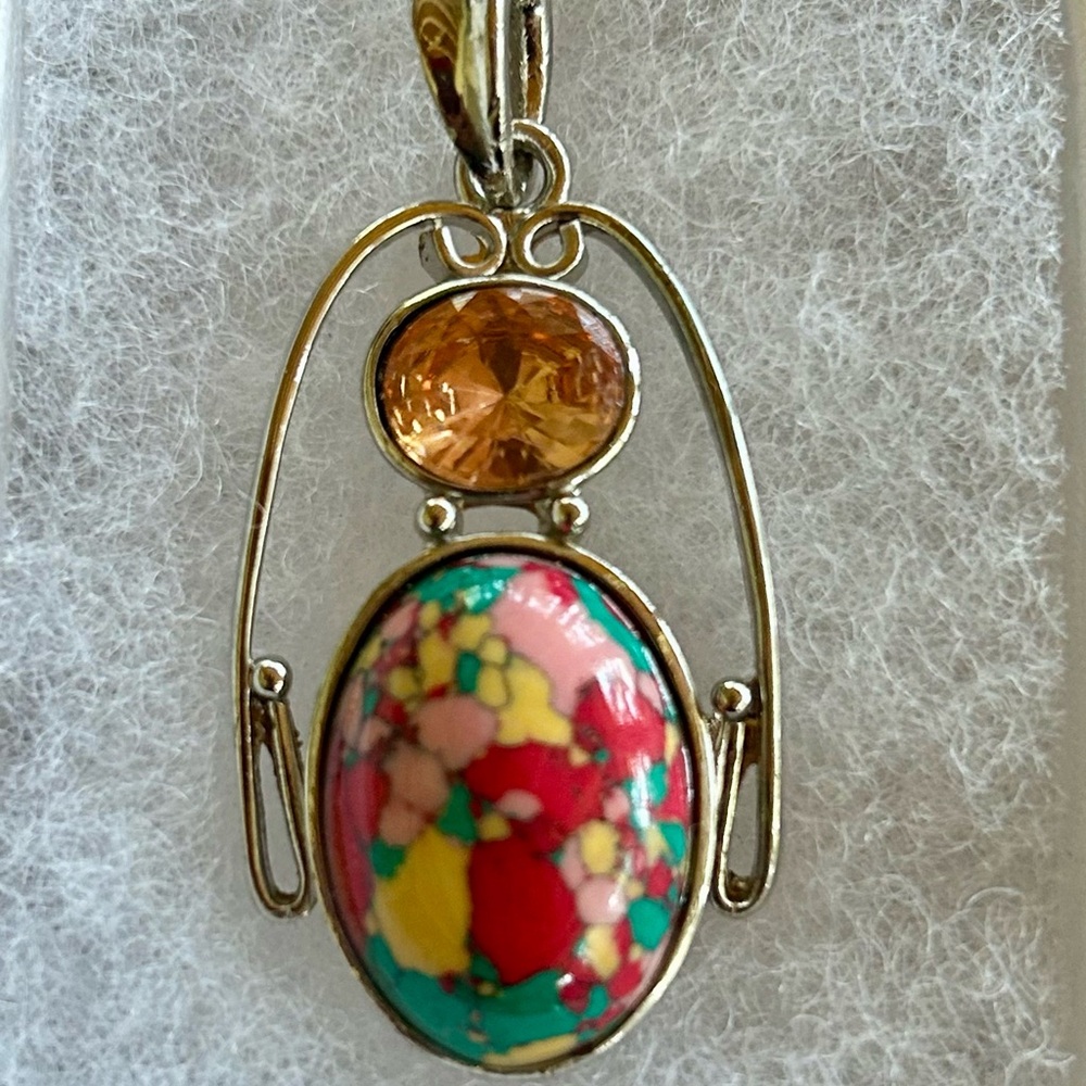 Rainbow Mosaic Jasper Pendent Pink Gemstone Sterling Silver 925 Large 2” Nice